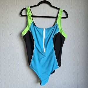 Vtg 90s Pacific Connection Swimsuit L/XL Neon One Piece Sporty Colorblock‎ Retro